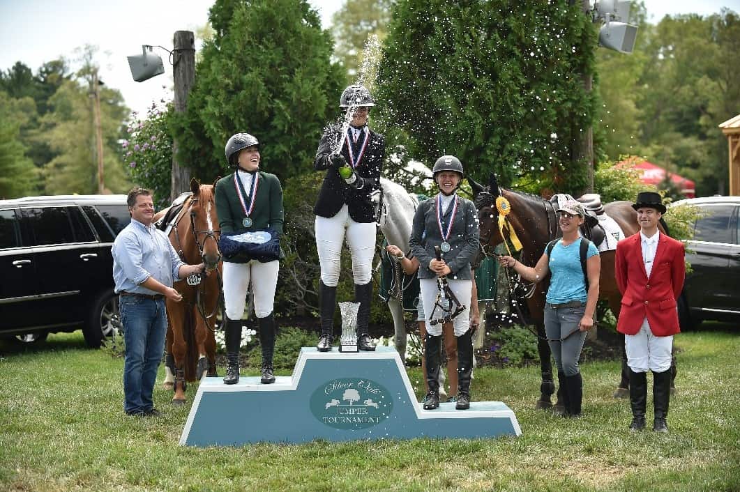Corks Flew and Champagne Flowed after Charlotte Jacobs and Cyrina Z took top honors in the $2,000 Low Junior/AO Jumper Classic Jumper 1.30m 