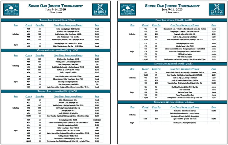 Silver Oak Jumper Tournament Jumper Schedule 2020